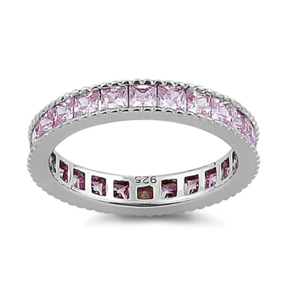 925 Silver Eternity Pink Stone Band Ring - Size 7. Dreamland Jewelry